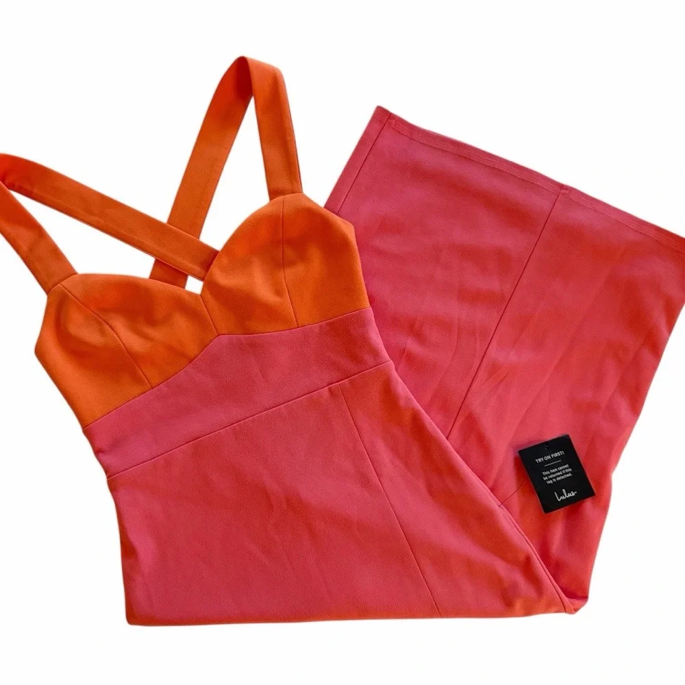 Lulus Malibu Magic Pink And Orange Color Block Midi Dress Leg Slit Size Small